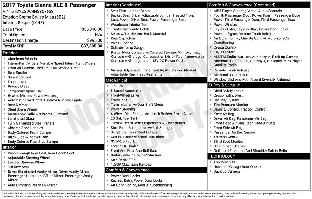 2017 Toyota Sienna XLE 8 Passenger